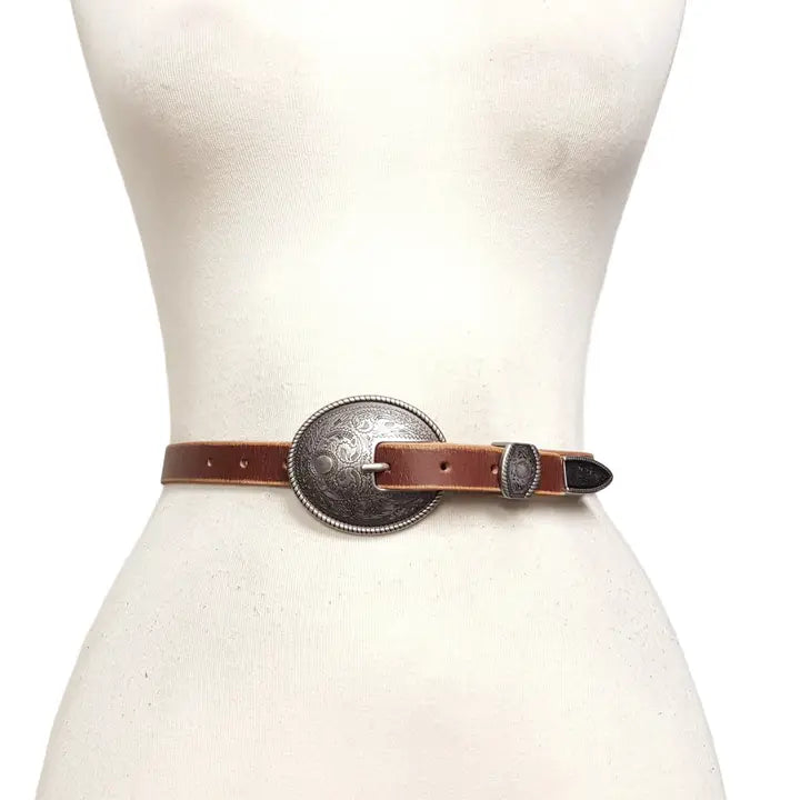 DISTRESSED VINTAGE BELT W/ ANTIQUE SILVER FLORAL BUCKLE