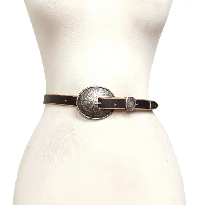 DISTRESSED VINTAGE BELT W/ ANTIQUE SILVER FLORAL BUCKLE