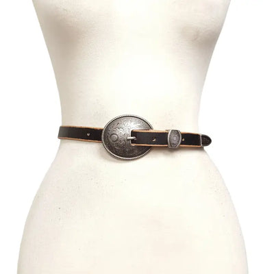 DISTRESSED VINTAGE BELT W/ ANTIQUE SILVER FLORAL BUCKLE