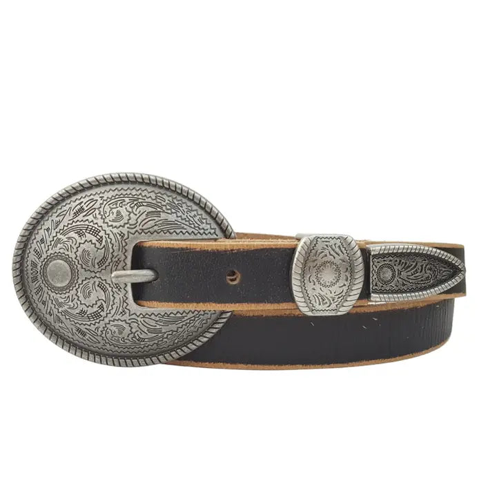 DISTRESSED VINTAGE BELT W/ ANTIQUE SILVER FLORAL BUCKLE