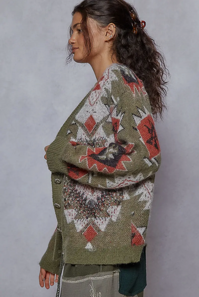 AZTEC BUTTON SWEATER CARDI