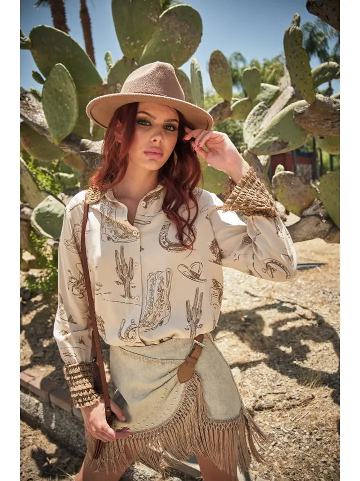 Way Out West Print Ruffle Cuff Blouse