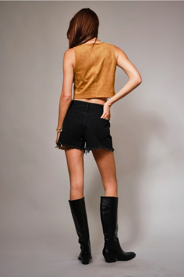 Faux Suede Fringe Crop  Top