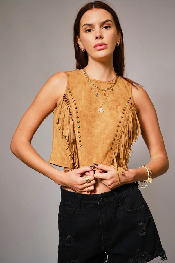 Faux Suede Fringe Crop  Top