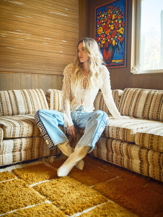 Sheer Ruffle Lace Front Tie Top