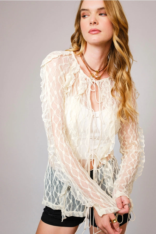 Sheer Ruffle Lace Front Tie Top