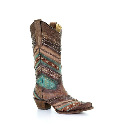 Fiesta Studded Turquoise & Brown Embroidery Boot