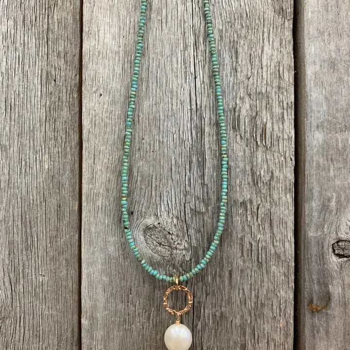 J FORKS TURQUOISE & PEARL DROP NECKLACE