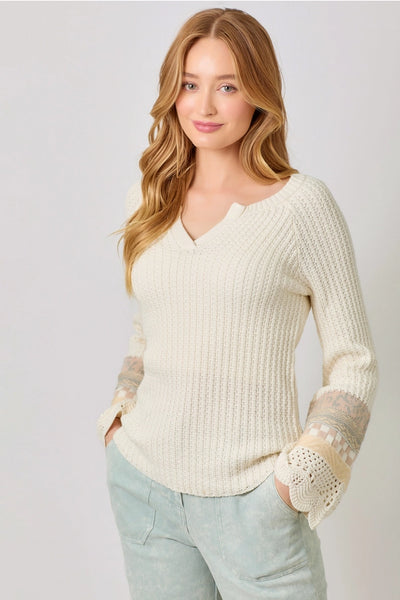 Mixed Sleeve Henley Sweater