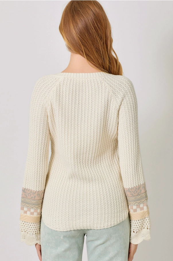 Mixed Sleeve Henley Sweater
