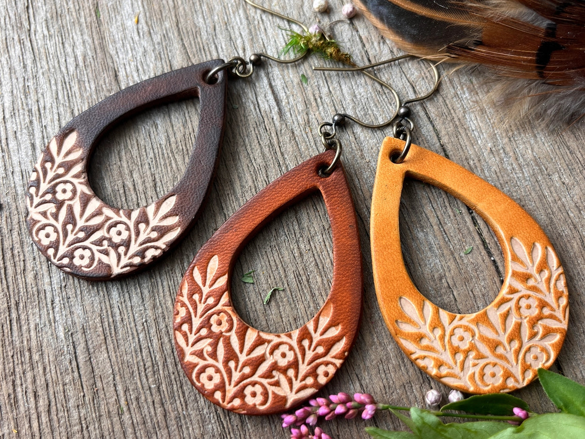 Fall Floral Teardrop Leather Earrings