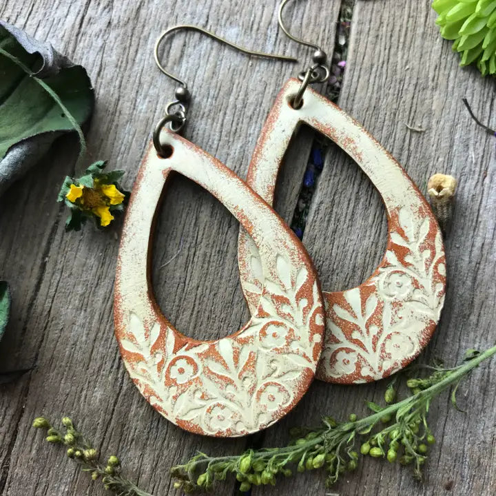 Floral Teardrop Leather Earrings