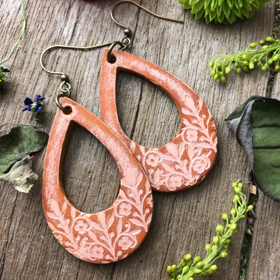 Floral Teardrop Leather Earrings
