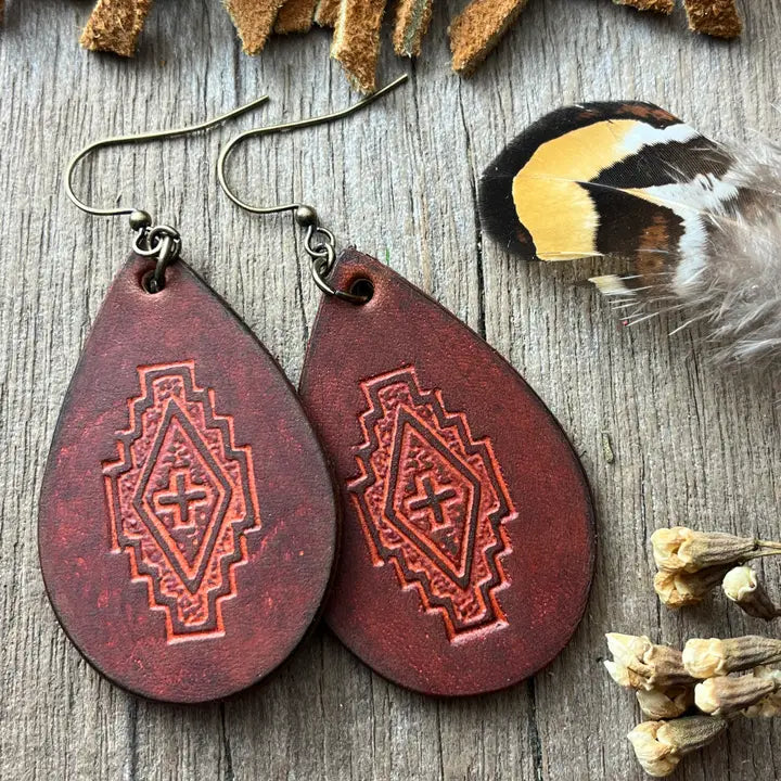 Rustic Tooled Teardrop Leather Earrings