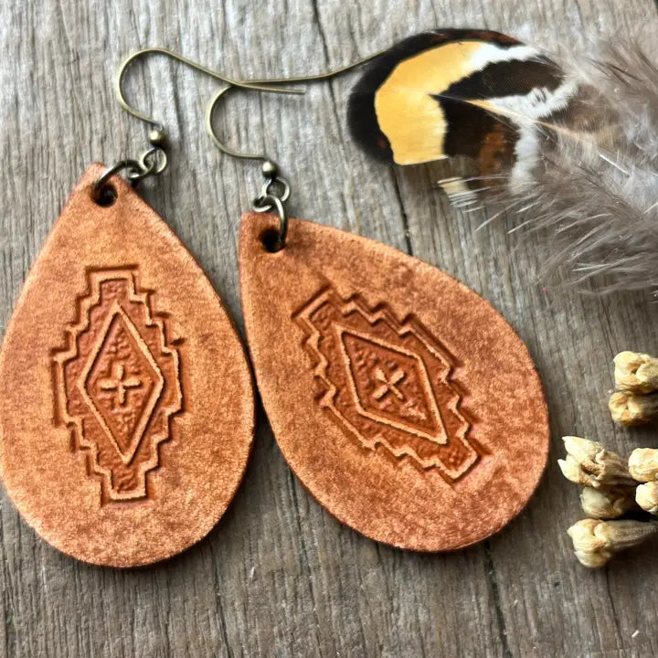 Rustic Tooled Teardrop Leather Earrings