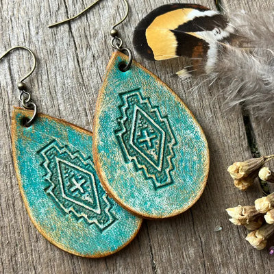 Rustic Tooled Teardrop Leather Earrings