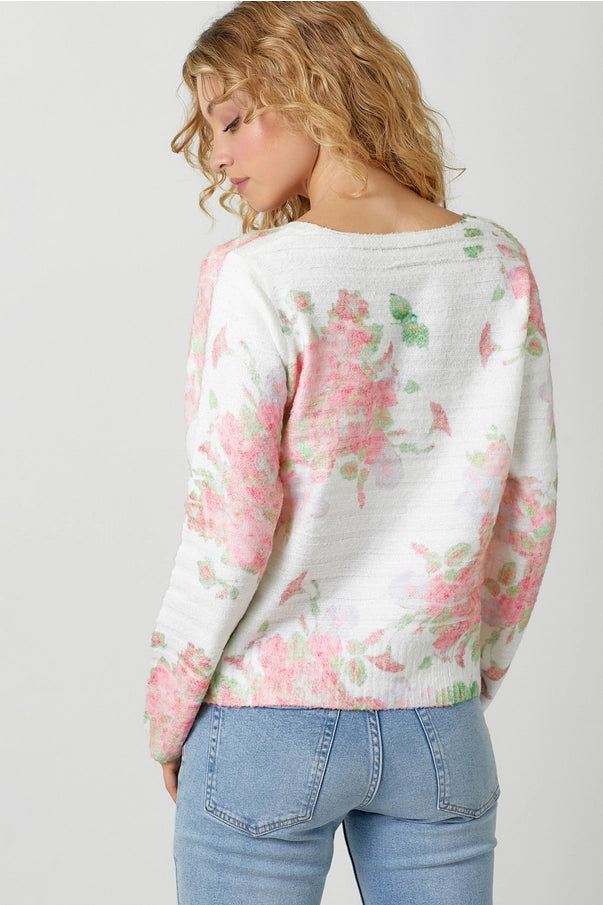 Floral Ribbed V Neck Sweater