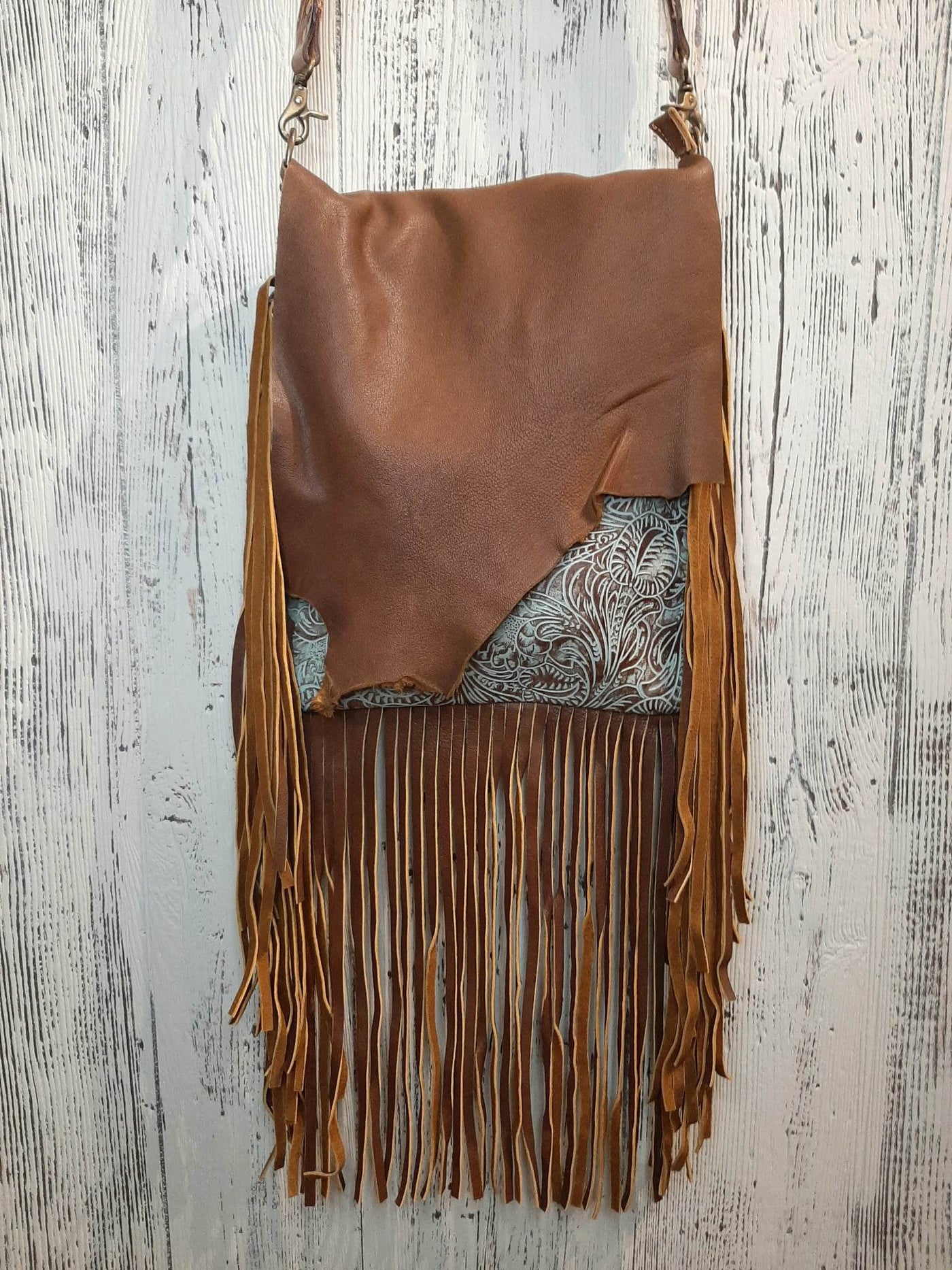 Turquoise Brown Tooled Fringe Bag